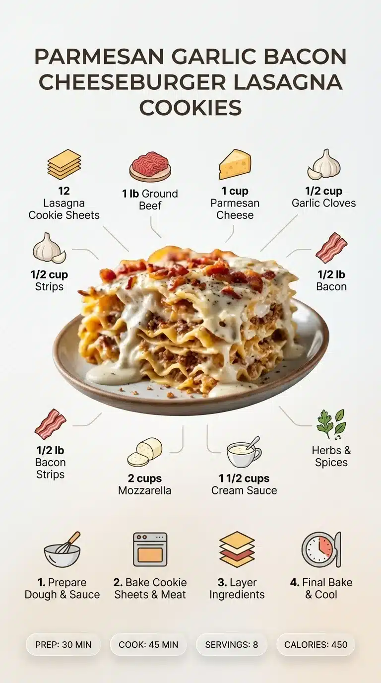 Parmesan garlic bacon cheeseburger lasagna infographic. Detailed recipe steps, ingredients with icons, and a hero shot of the plated dish.