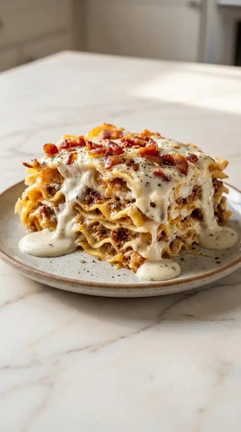 Photorealistic food photography of parmesan garlic bacon cheeseburger lasagna finished and ready to serve, naturally plated and freshly cooked.