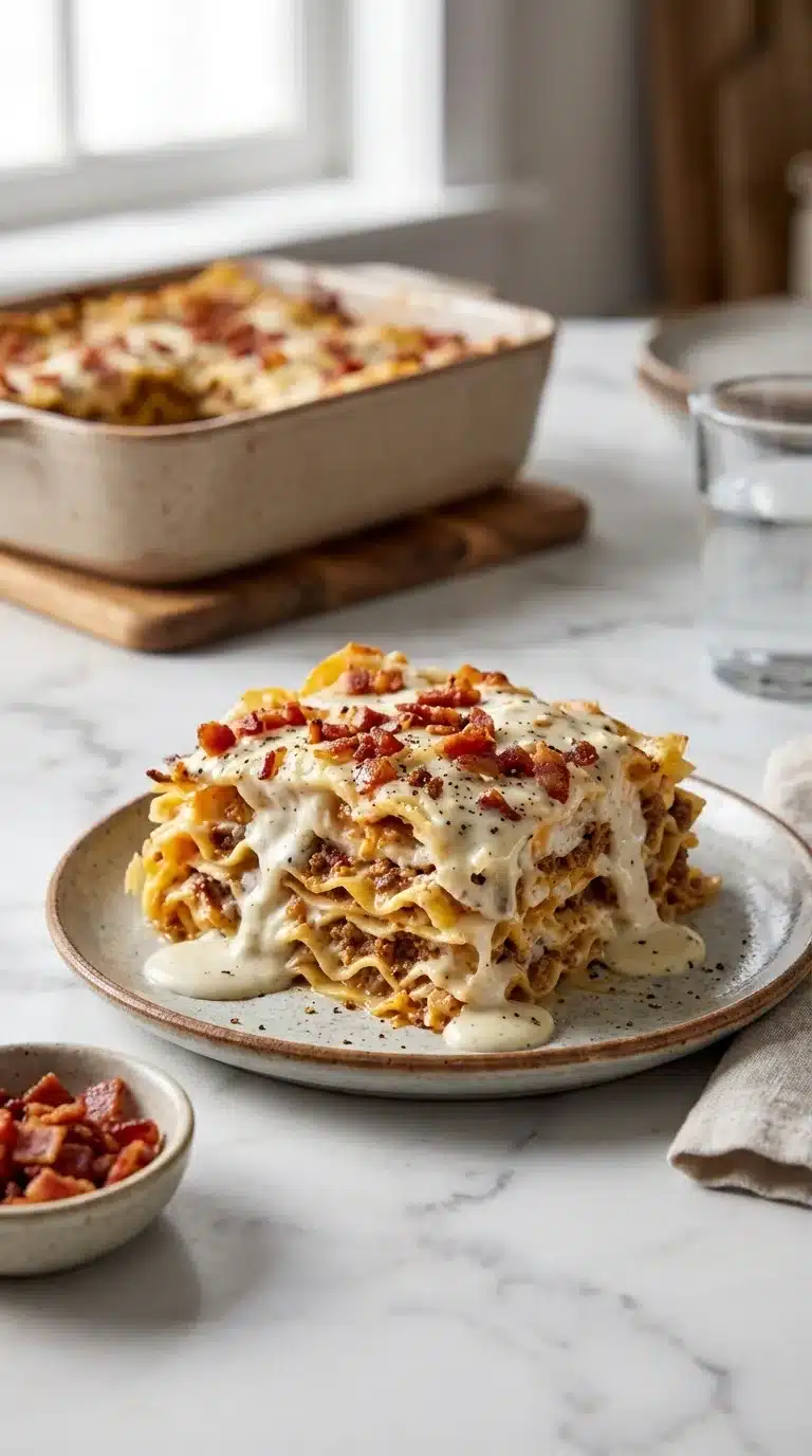 Serving of parmesan garlic bacon cheeseburger lasagna, freshly baked and ready to eat, presented as a delicious everyday meal.