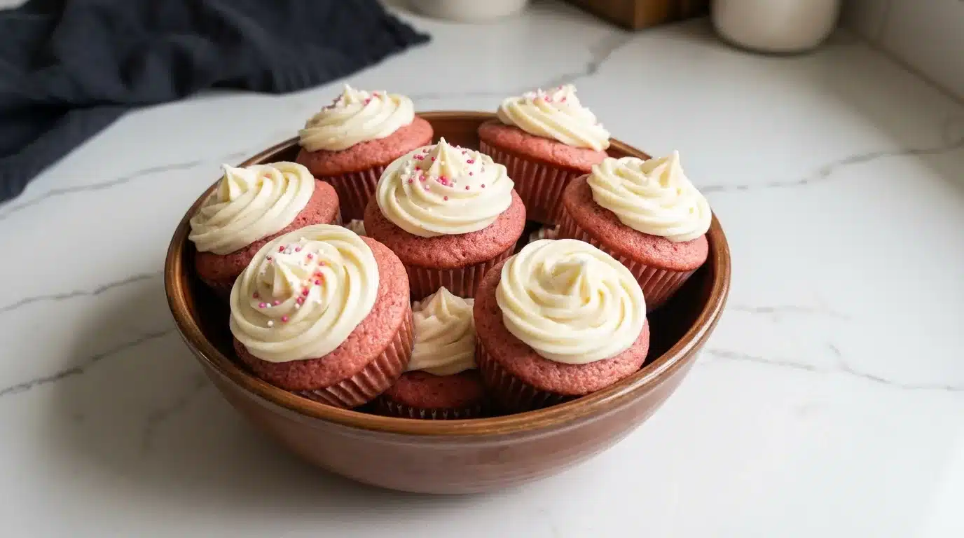 Photorealistic Pink Velvet Cupcakes, naturally plated on clean white marble, ready to serve.