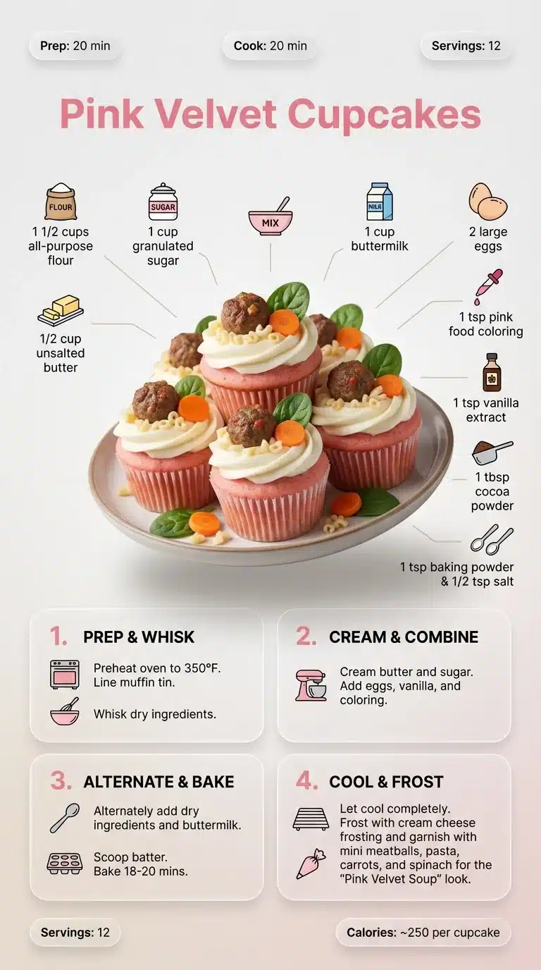 Infographic for Pink Velvet Cupcakes recipe with hero image of cupcakes, ingredients, and step-by-step preparation, 9x16.