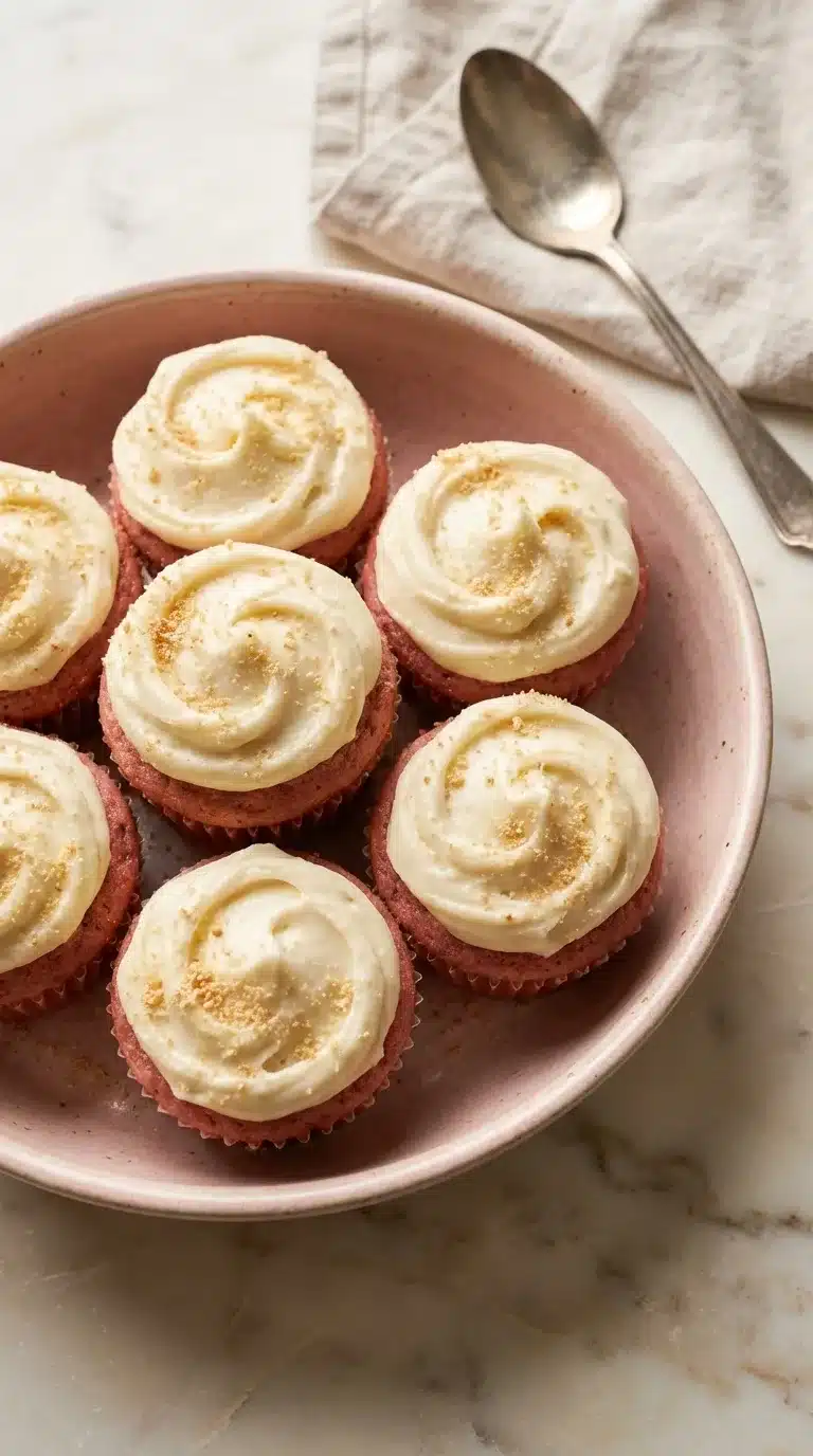 Photorealistic Pink Velvet Cupcakes on white marble, perfectly finished and ready to serve. Captured with natural daylight.