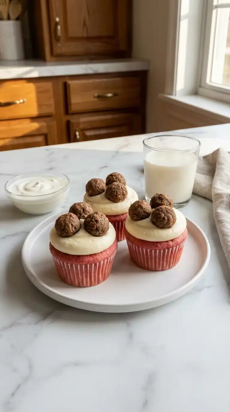 Photorealistic Pink Velvet Cupcakes serving on white marble. Freshly baked, inviting, and ready to eat in a home kitchen setting.