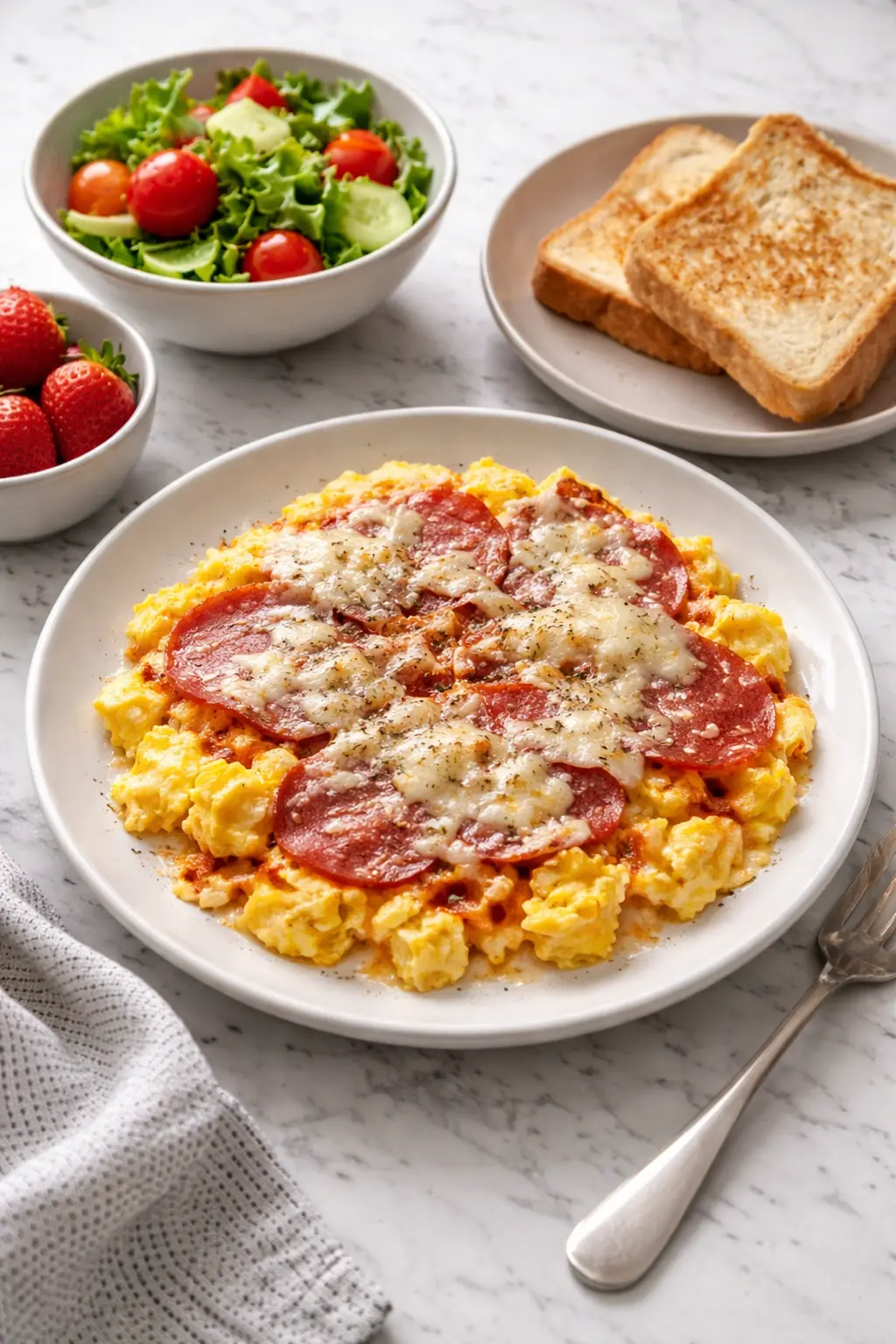 Pizza Eggs Pizza eggs breakfast with scrambled eggs, melted cheese, and pepperoni served on a marble table