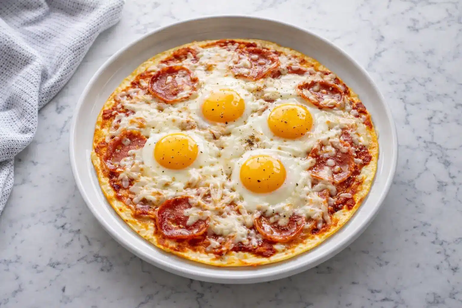 Pizza Eggs Photorealistic homemade pizza eggs with melted cheese and tomato sauce on a white marble surface