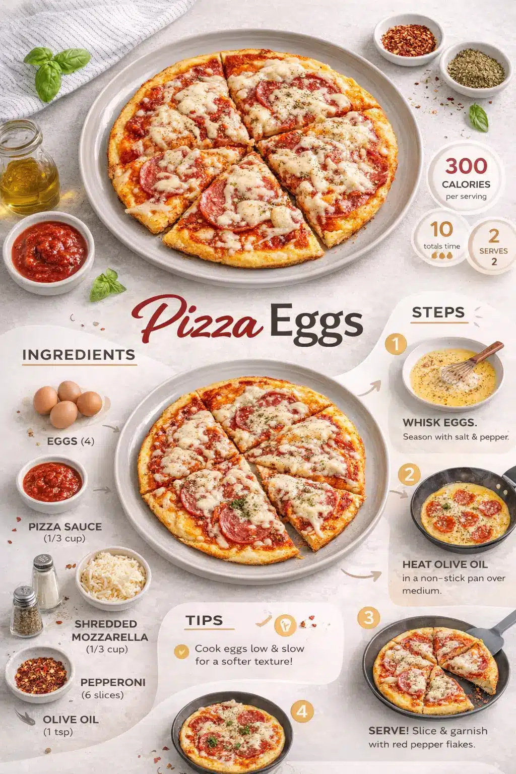 Pizza Eggs Pizza Eggs recipe infographic showing sliced egg pizza with cheese, pepperoni, and step-by-step preparation