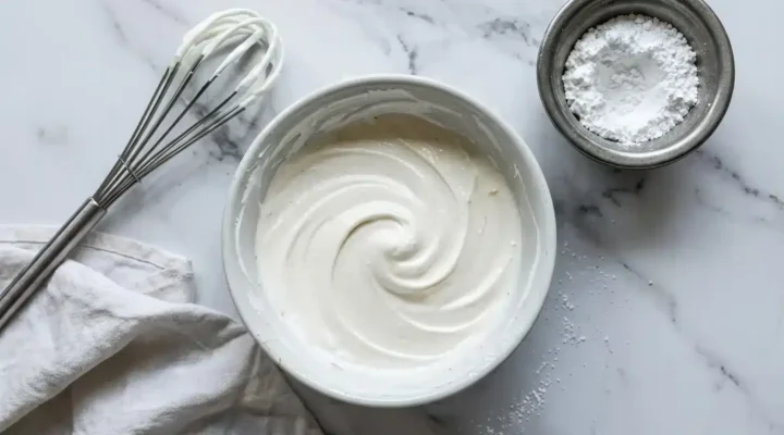 Photorealistic Powdered Sugar Frosting, freshly prepared and ready to serve on a clean white marble surface with natural daylight.