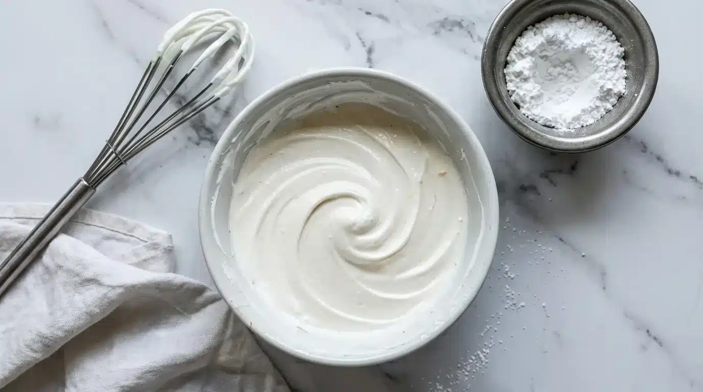 Photorealistic Powdered Sugar Frosting, freshly prepared and ready to serve on a clean white marble surface with natural daylight.