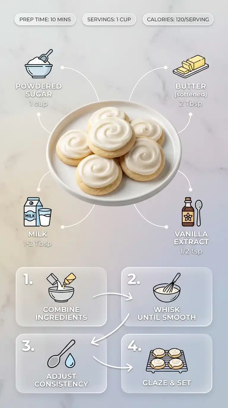 Powdered Sugar Frosting recipe infographic with finished cookies, ingredients, and step-by-step instructions. Modern 9:16 vertical design.