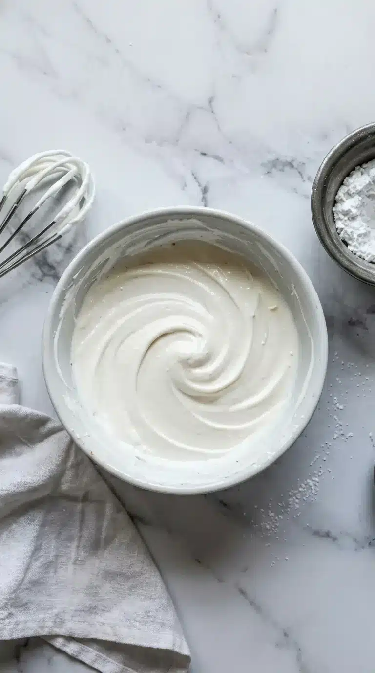 Photorealistic powdered sugar frosting, finished and ready to serve, naturally plated on clean white marble with subtle gray veining.
