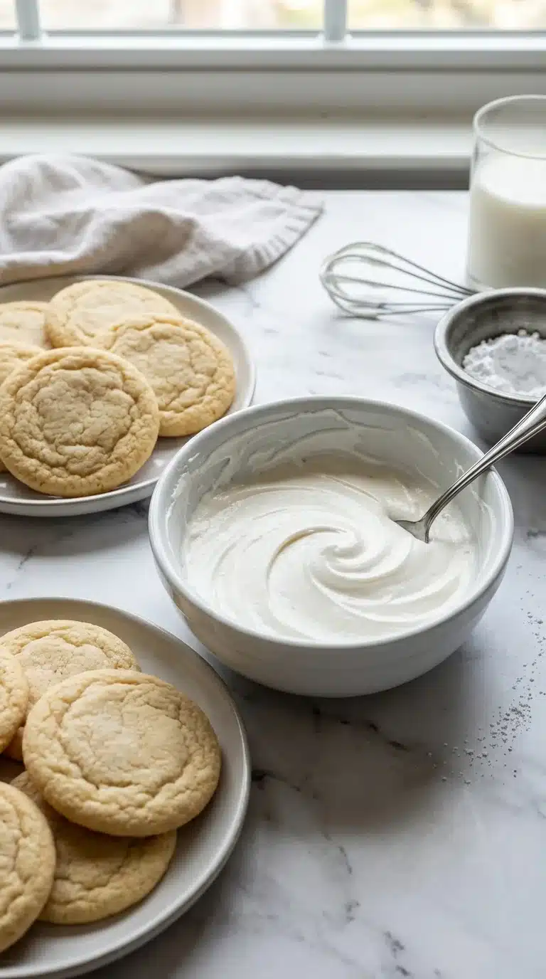 Photorealistic Powdered Sugar Frosting on cookies, served fresh on white marble. Natural daylight, home kitchen feel.