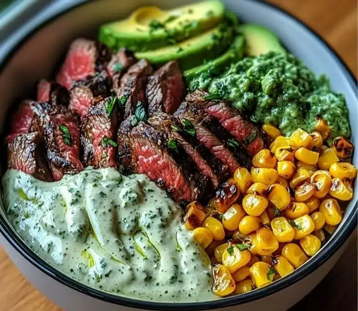 Delicious protein-packed steak bowl with fresh vegetables and rice