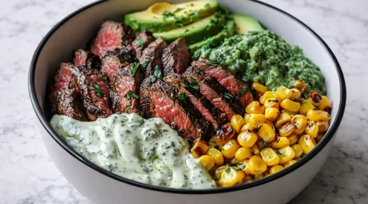 Protein-Packed Steak Bowl with sliced steak, avocado, corn, and creamy sauce served in a bowl
