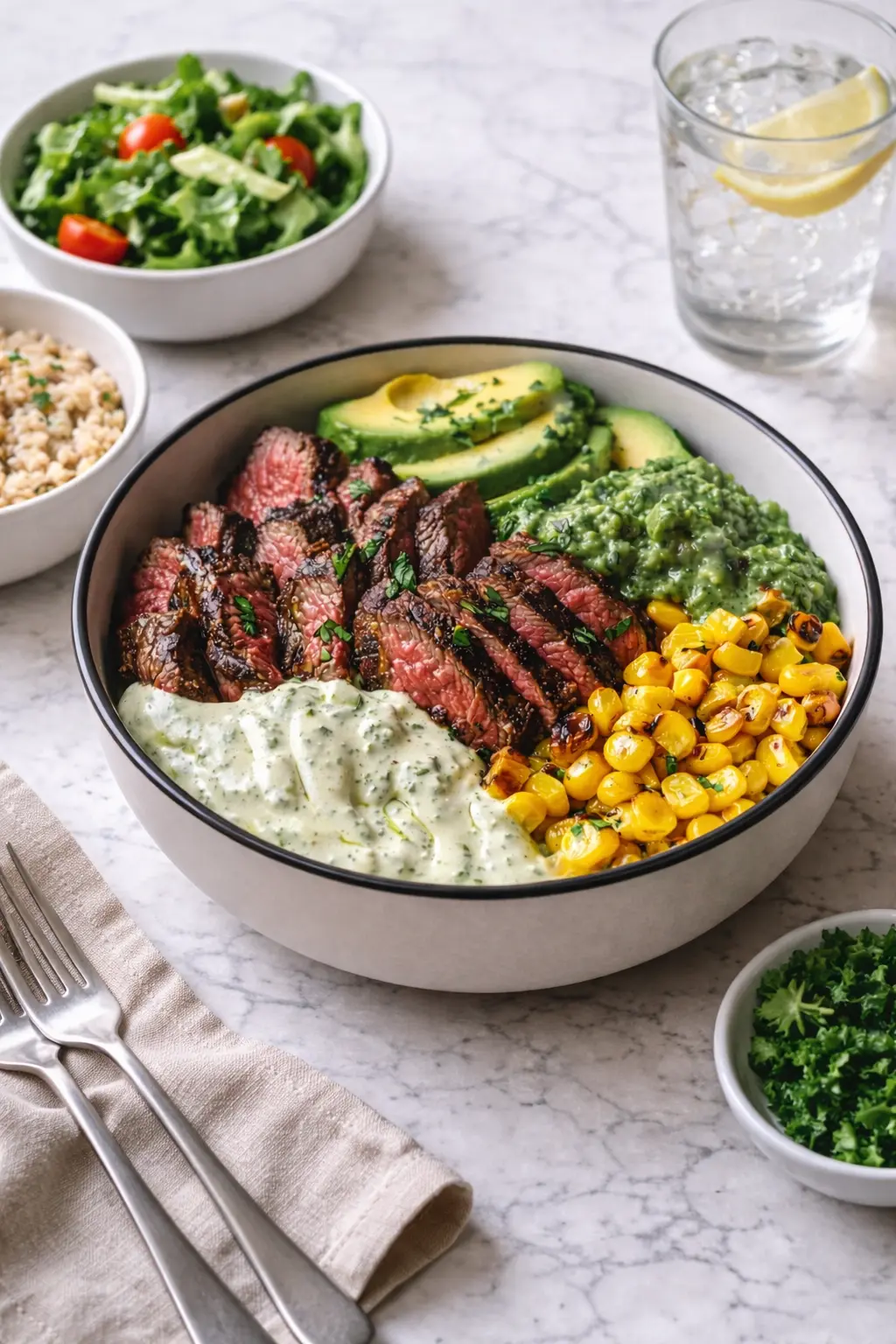 Protein-Packed Steak Bowl served as a complete meal with sliced steak, avocado, corn, creamy sauce, and simple sides