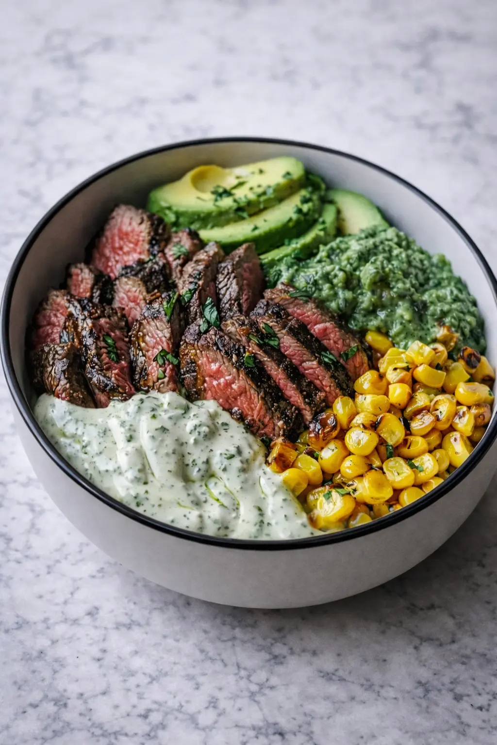 Protein-Packed Steak Bowl with sliced steak, avocado, roasted corn, and creamy herb sauce in a bowl