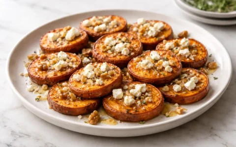 Roasted Sweet Potato Rounds with Honey & Feta Bliss topped with crumbled feta and drizzled honey on a white marble surface