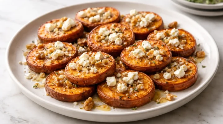 Roasted Sweet Potato Rounds with Honey & Feta Bliss Roasted Sweet Potato Rounds with Honey & Feta Bliss topped with crumbled feta and drizzled honey on a white marble surface