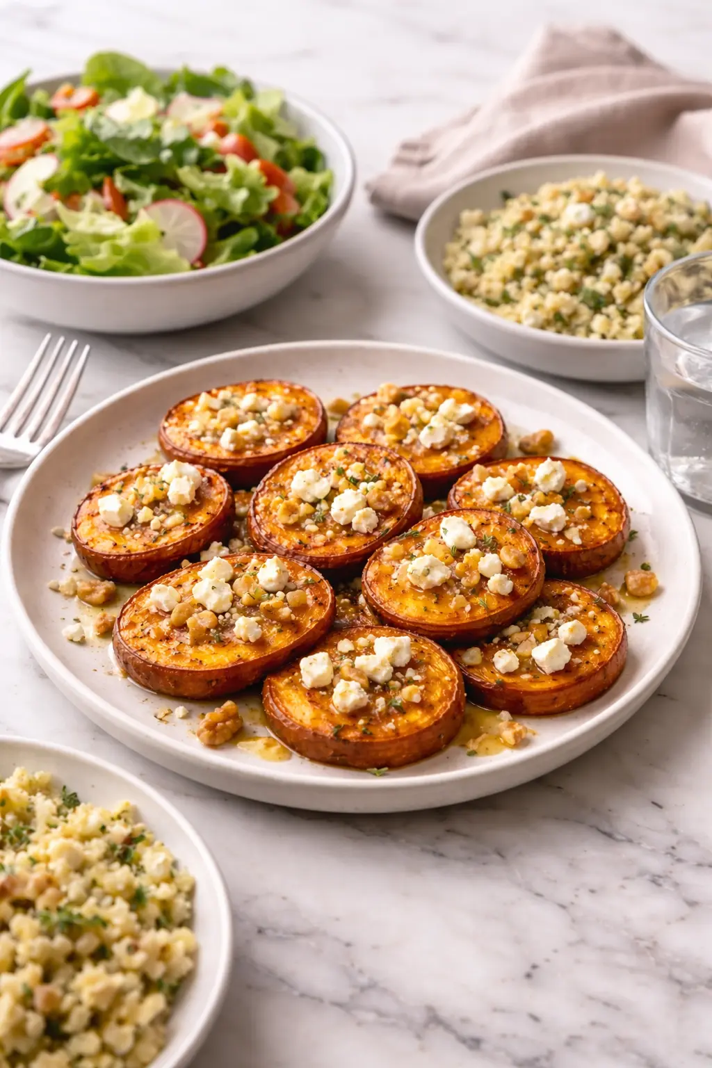 Roasted Sweet Potato Rounds with Honey & Feta Bliss Roasted Sweet Potato Rounds with Honey & Feta Bliss served with salad and grain side on white marble table