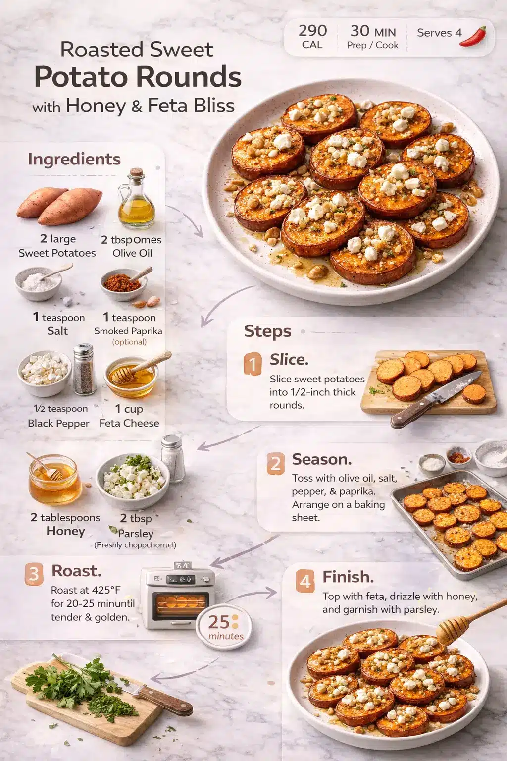 Roasted Sweet Potato Rounds with Honey & Feta Bliss Vertical recipe infographic for Roasted Sweet Potato Rounds with Honey & Feta Bliss showing ingredients, steps, and finished dish