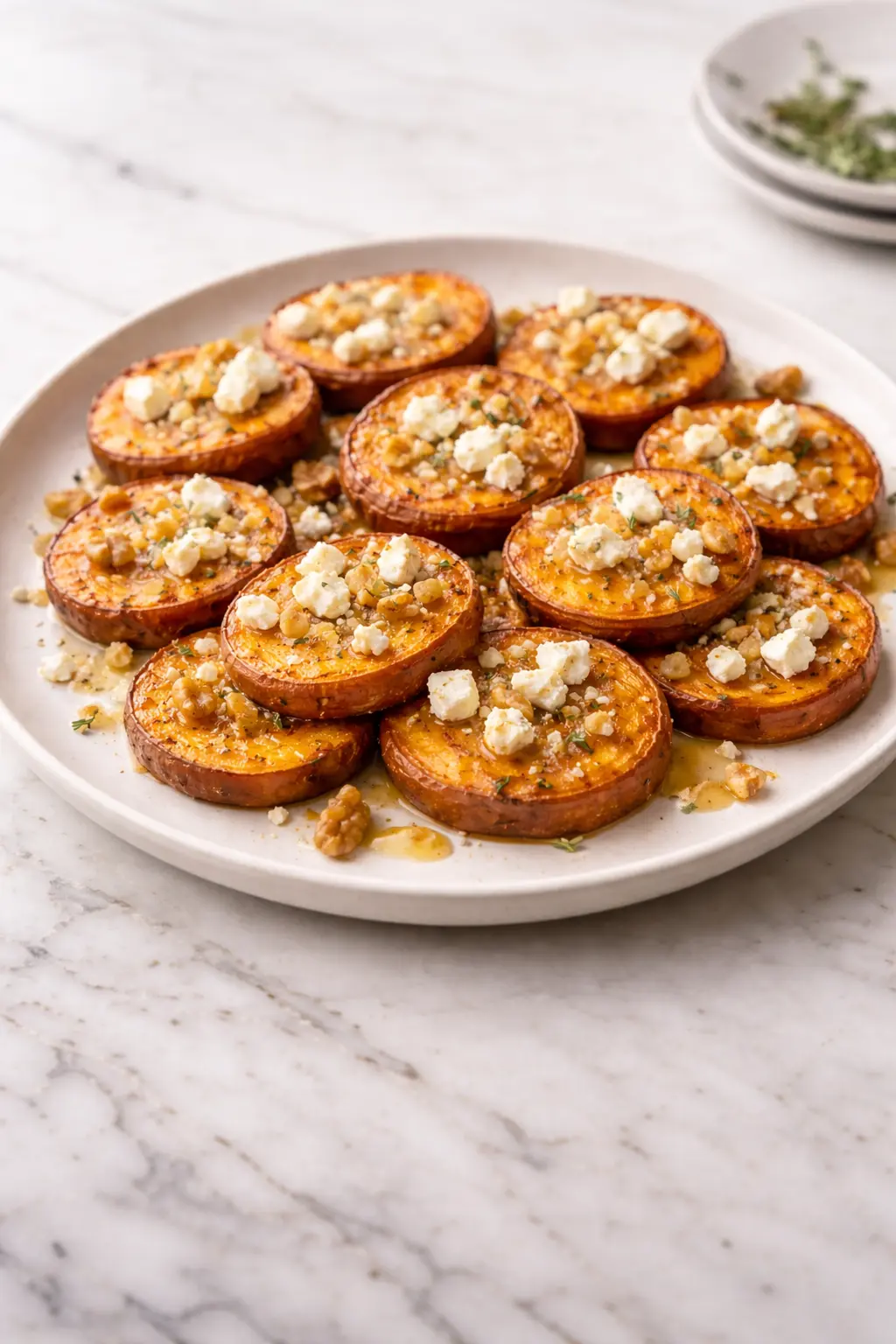 Roasted Sweet Potato Rounds with Honey & Feta Bliss Vertical image of Roasted Sweet Potato Rounds with Honey & Feta Bliss topped with feta and honey on white marble