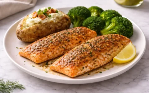 Savory Texas Roadhouse style baked salmon ready in 25 minutes on white marble surface