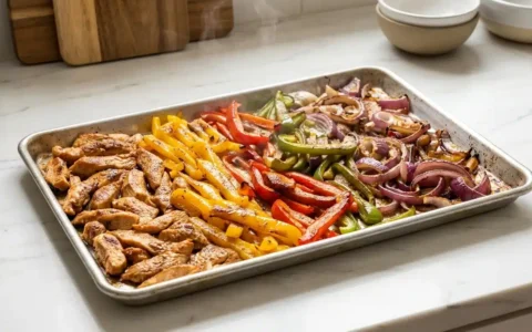 Photorealistic sheet pan chicken fajitas with colorful peppers and onions, ready to serve on white marble, natural light.