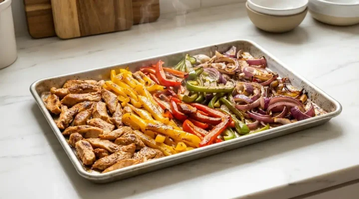 Photorealistic sheet pan chicken fajitas with colorful peppers and onions, ready to serve on white marble, natural light.