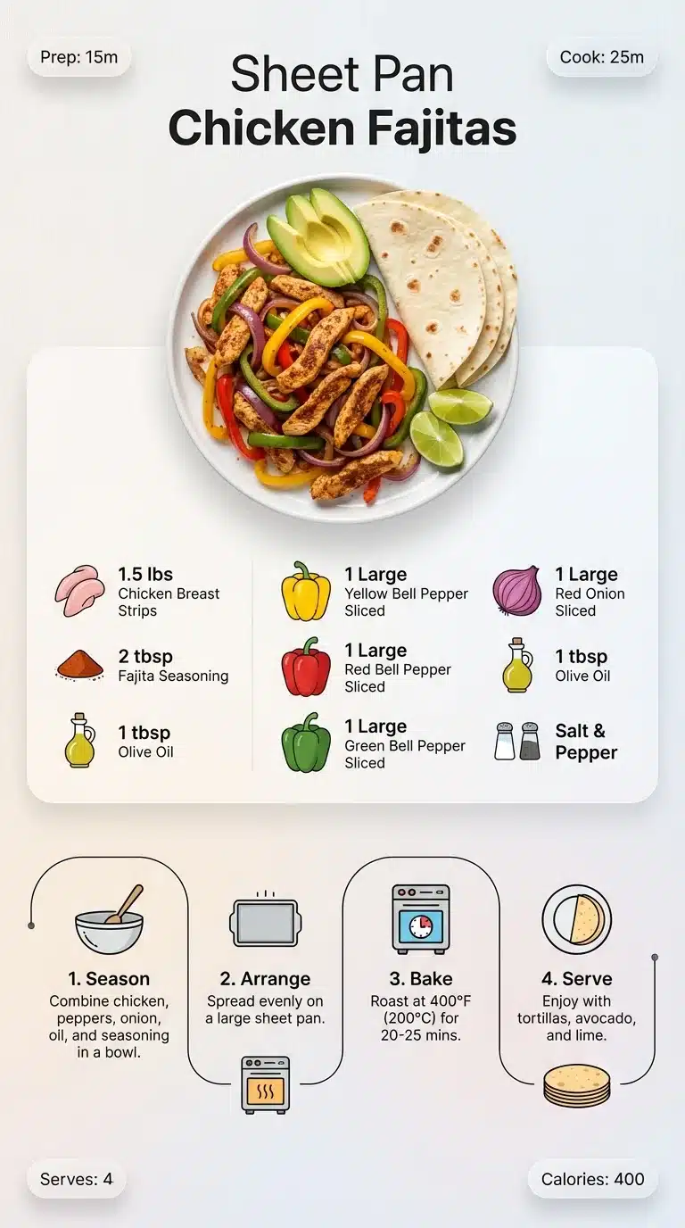 Modern infographic for Sheet Pan Chicken Fajitas recipe with finished dish, ingredients, and step-by-step instructions.