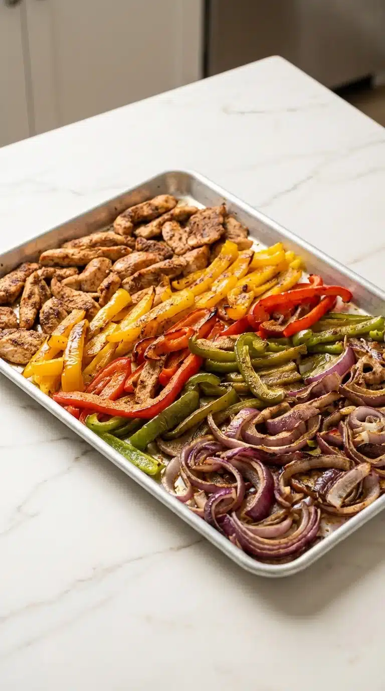 Photorealistic food photography of Sheet Pan Chicken Fajitas, finished and ready to serve, naturally plated on clean white marble.
