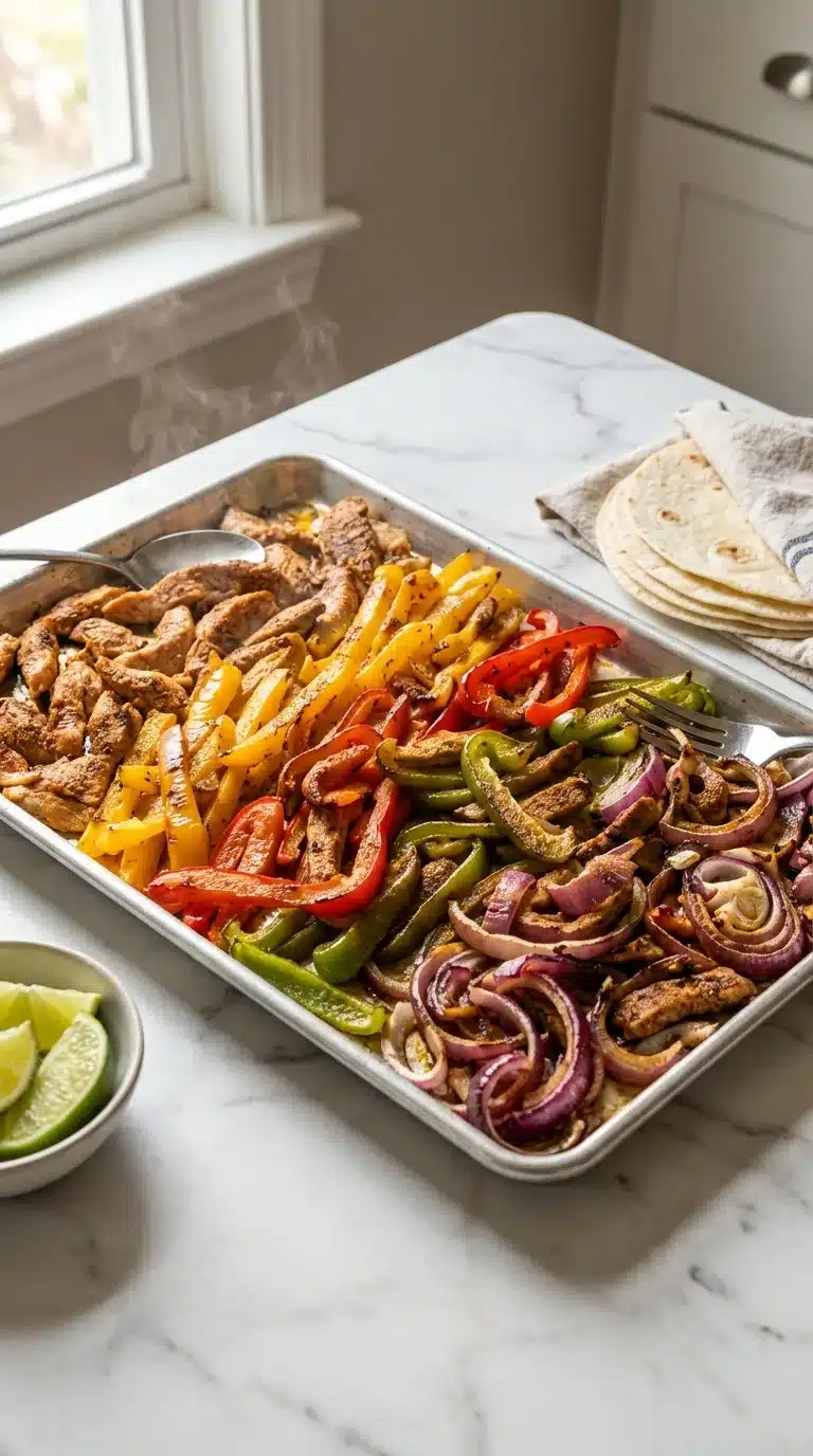 Photorealistic Sheet Pan Chicken Fajitas, freshly baked and ready to eat, served as a real everyday meal with natural daylight.