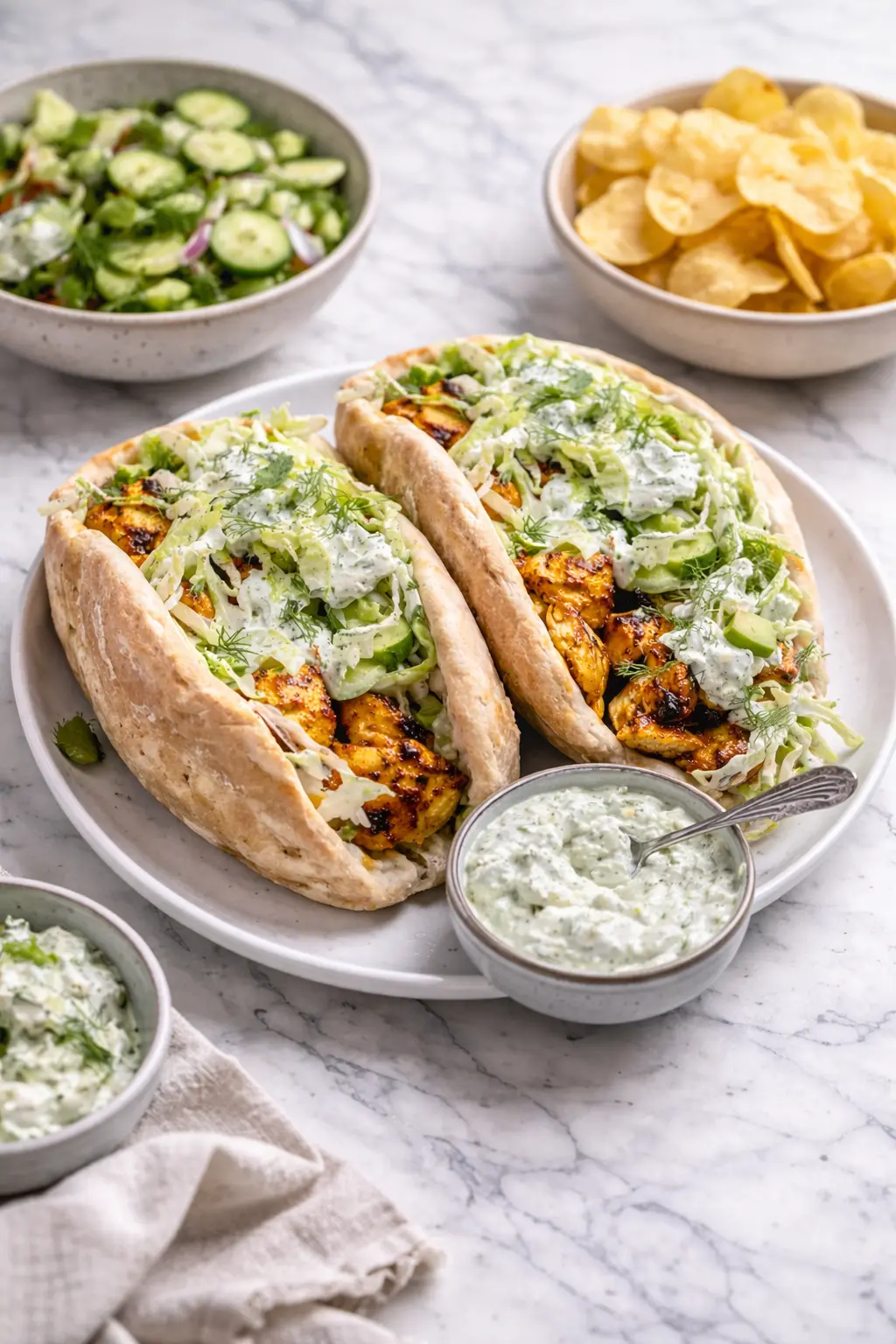 Sheet Pan Chicken Pitas with Herby Ranch served with creamy slaw, avocado, and simple side dishes on a marble table