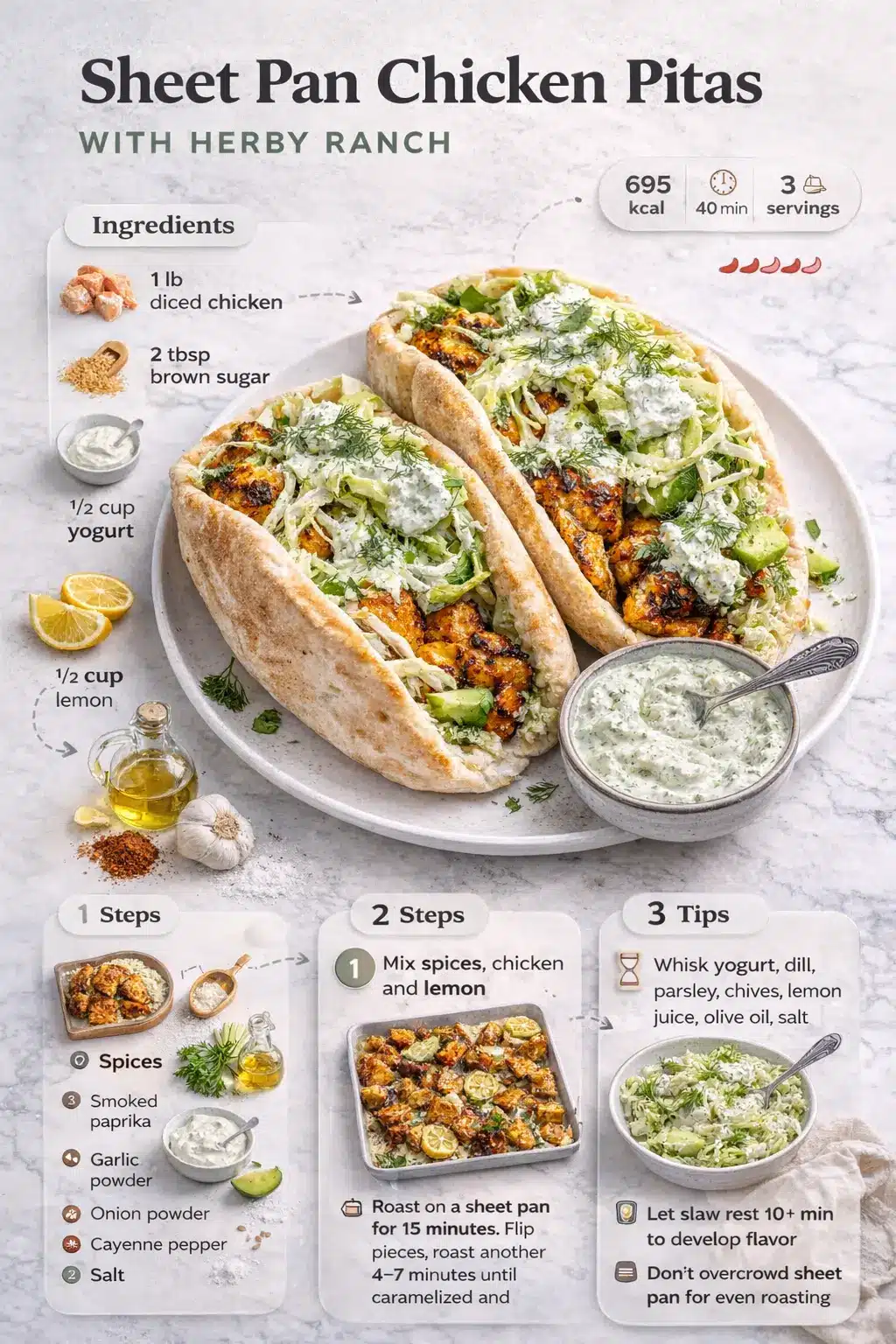 Sheet Pan Chicken Pitas with Herby Ranch filled with roasted paprika chicken, creamy cabbage slaw, fresh herbs, and avocado in warm pita bread