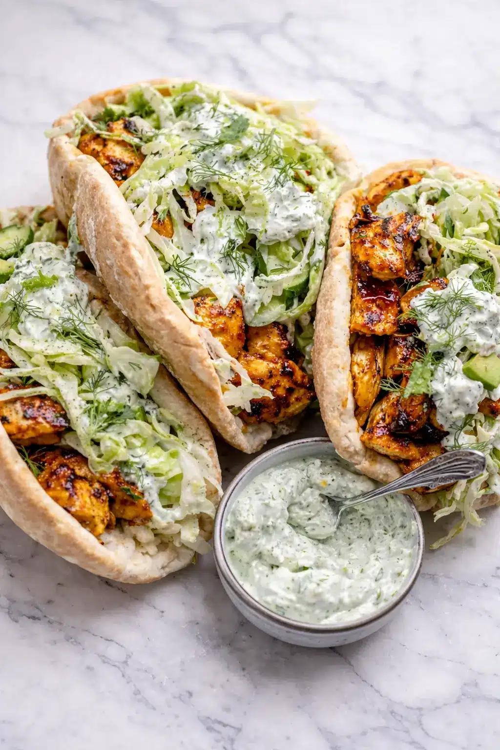 Sheet Pan Chicken Pitas with Herby Ranch slaw, roasted paprika chicken, and avocado in warm pita bread