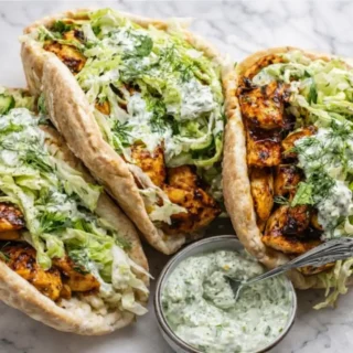 Sheet Pan Chicken Pitas with Herby Ranch slaw, roasted chicken, cabbage, and avocado in warm pita bread