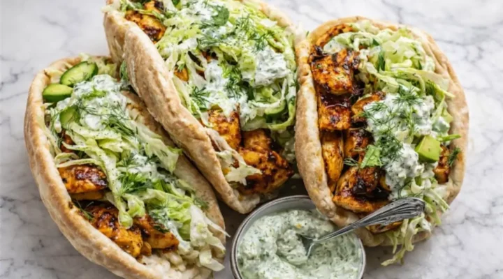 Sheet Pan Chicken Pitas with Herby Ranch slaw, roasted chicken, cabbage, and avocado in warm pita bread