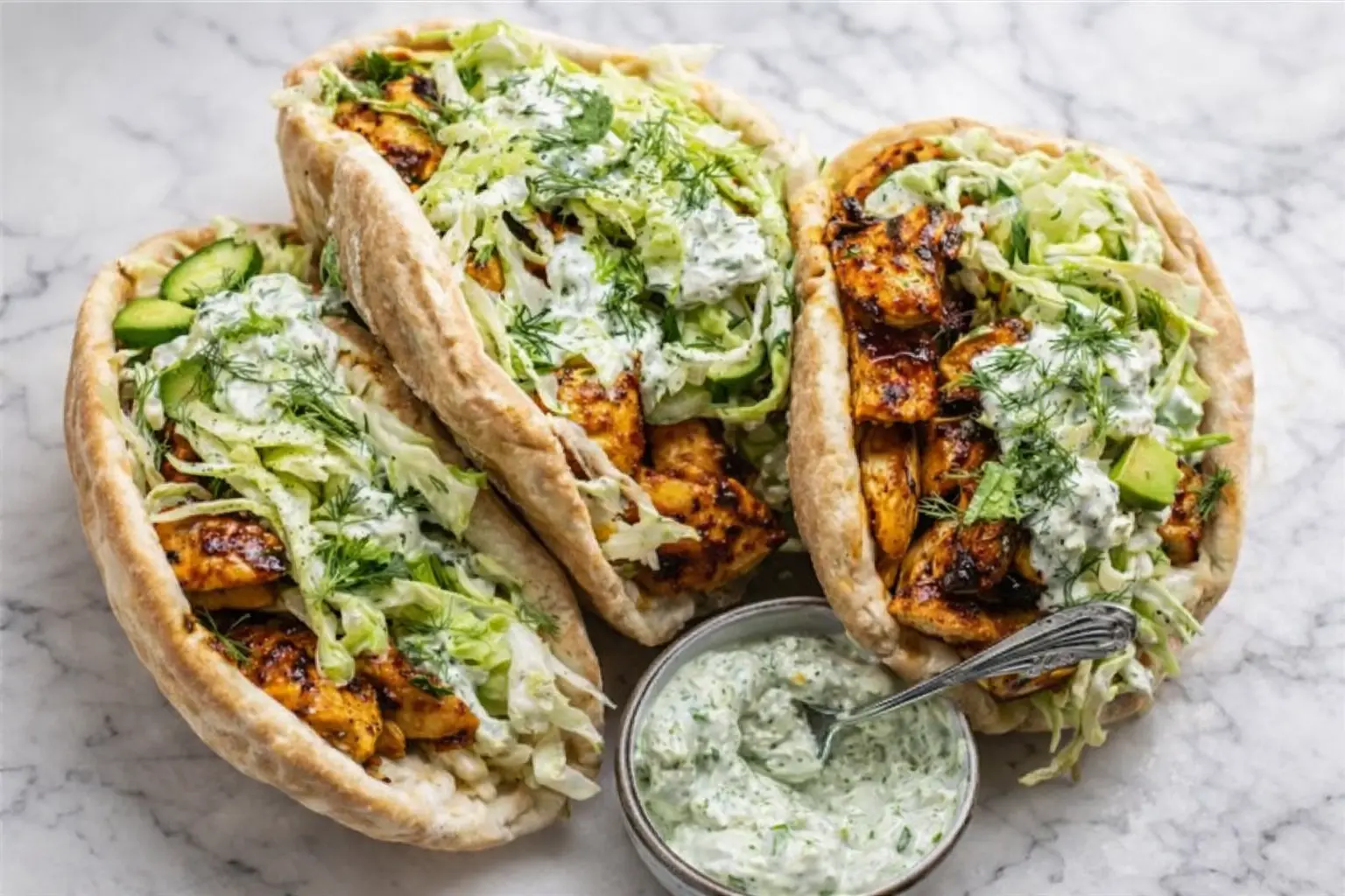 Sheet Pan Chicken Pitas with Herby Ranch slaw, roasted chicken, cabbage, and avocado in warm pita bread