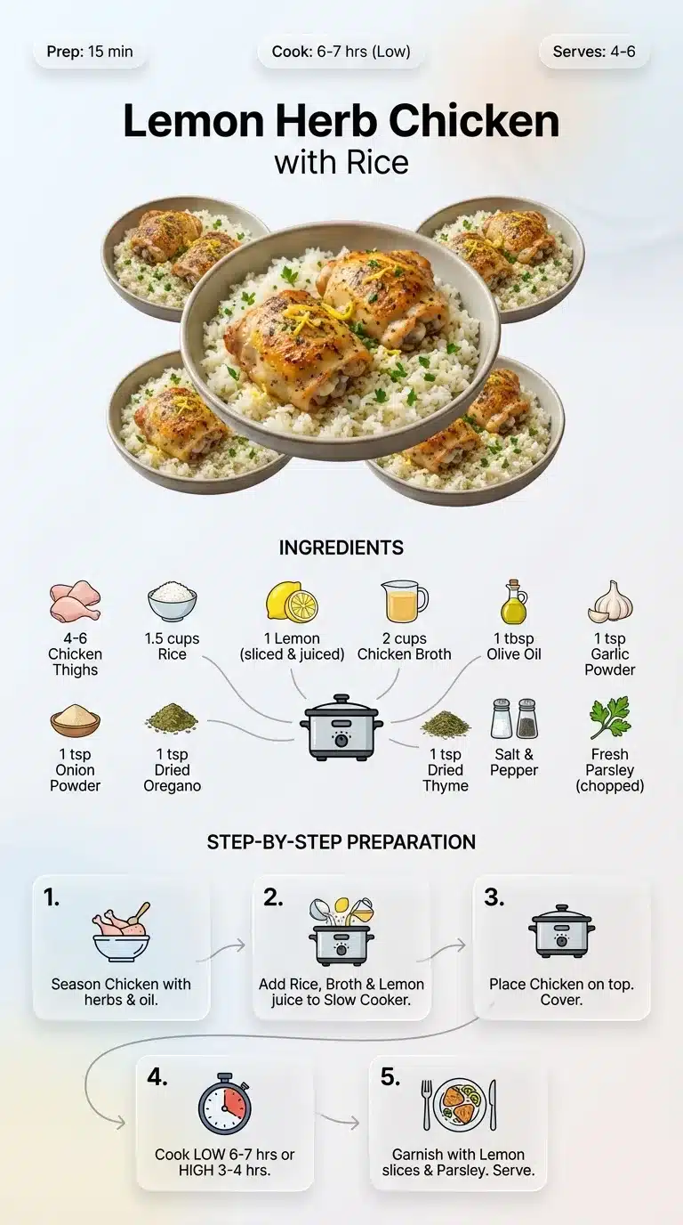 Infographic for Slow Cooker Lemon Herb Chicken with Rice, showcasing the plated dish, ingredients, and step-by-step preparation.