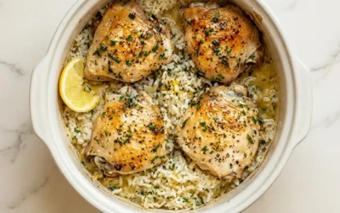 Photorealistic Slow Cooker Lemon Herb Chicken with Rice, naturally plated on marble, ready to serve, with natural daylight.