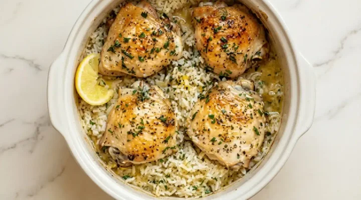 Photorealistic Slow Cooker Lemon Herb Chicken with Rice, naturally plated on marble, ready to serve, with natural daylight.