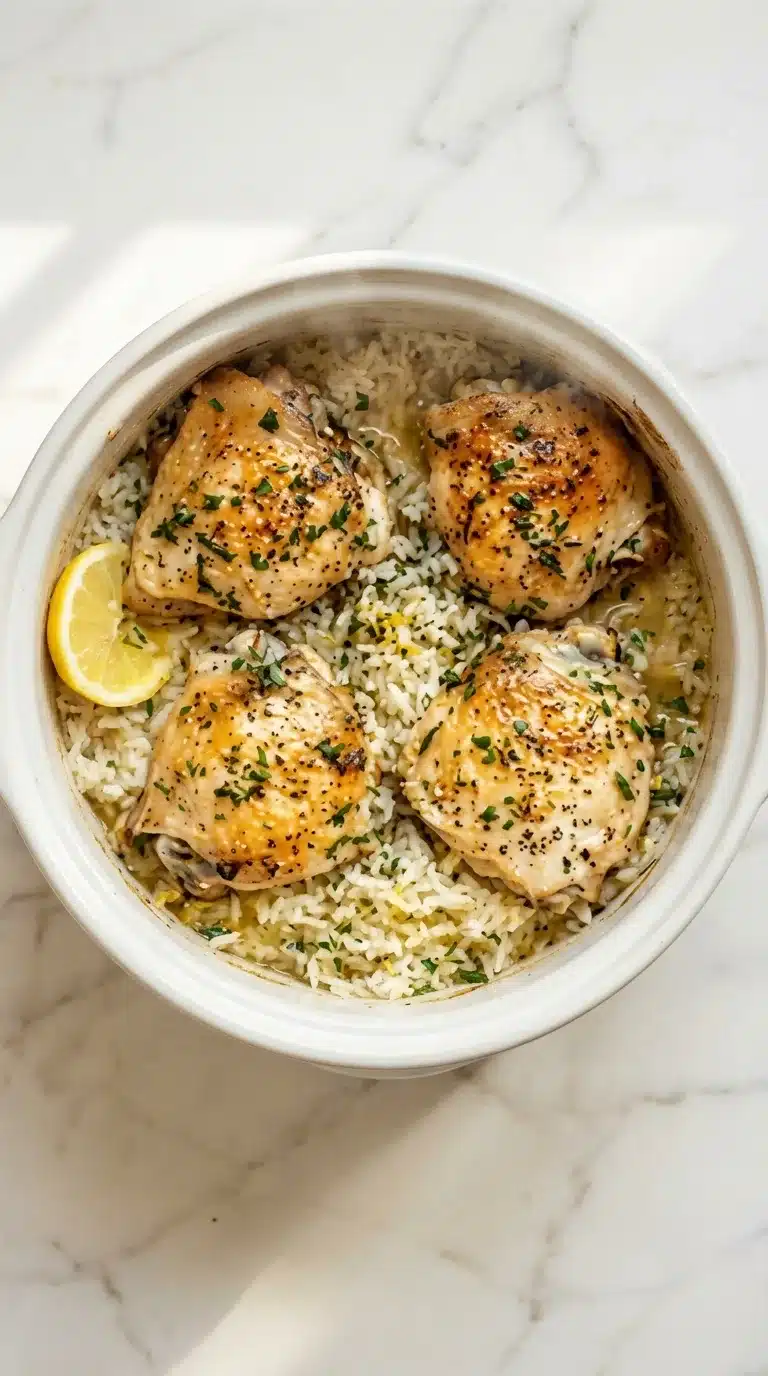 Photorealistic image of Slow Cooker Lemon Herb Chicken with Rice, freshly cooked and ready to serve on white marble.