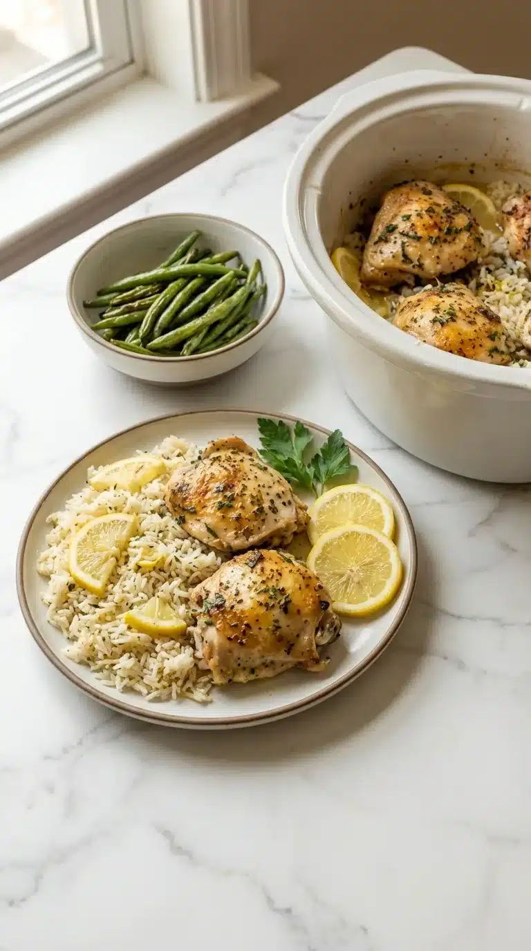 Photorealistic Slow Cooker Lemon Herb Chicken with Rice, perfectly portioned and served on white marble, ready for a meal.
