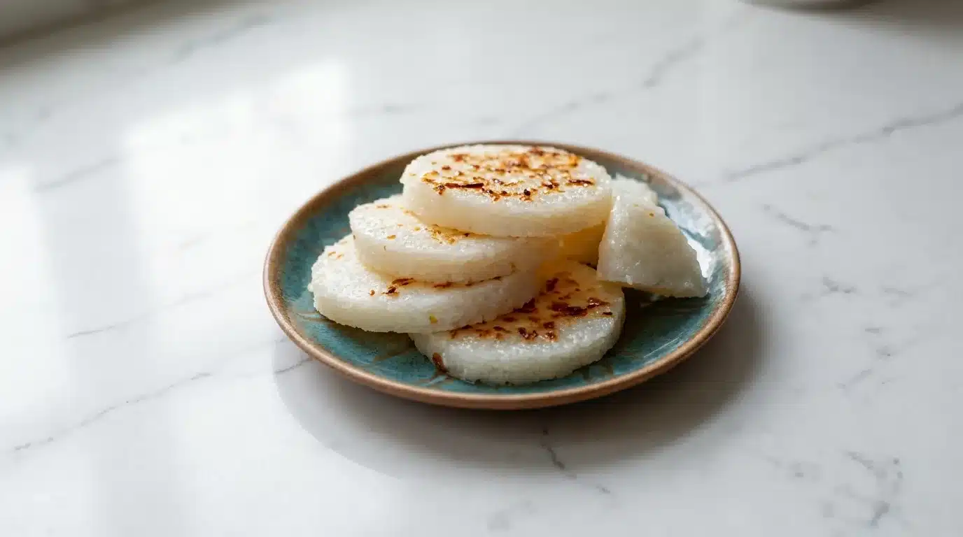 Photorealistic South Asian rice cake, freshly cooked and naturally plated on white marble, ready to serve with a home kitchen feel.