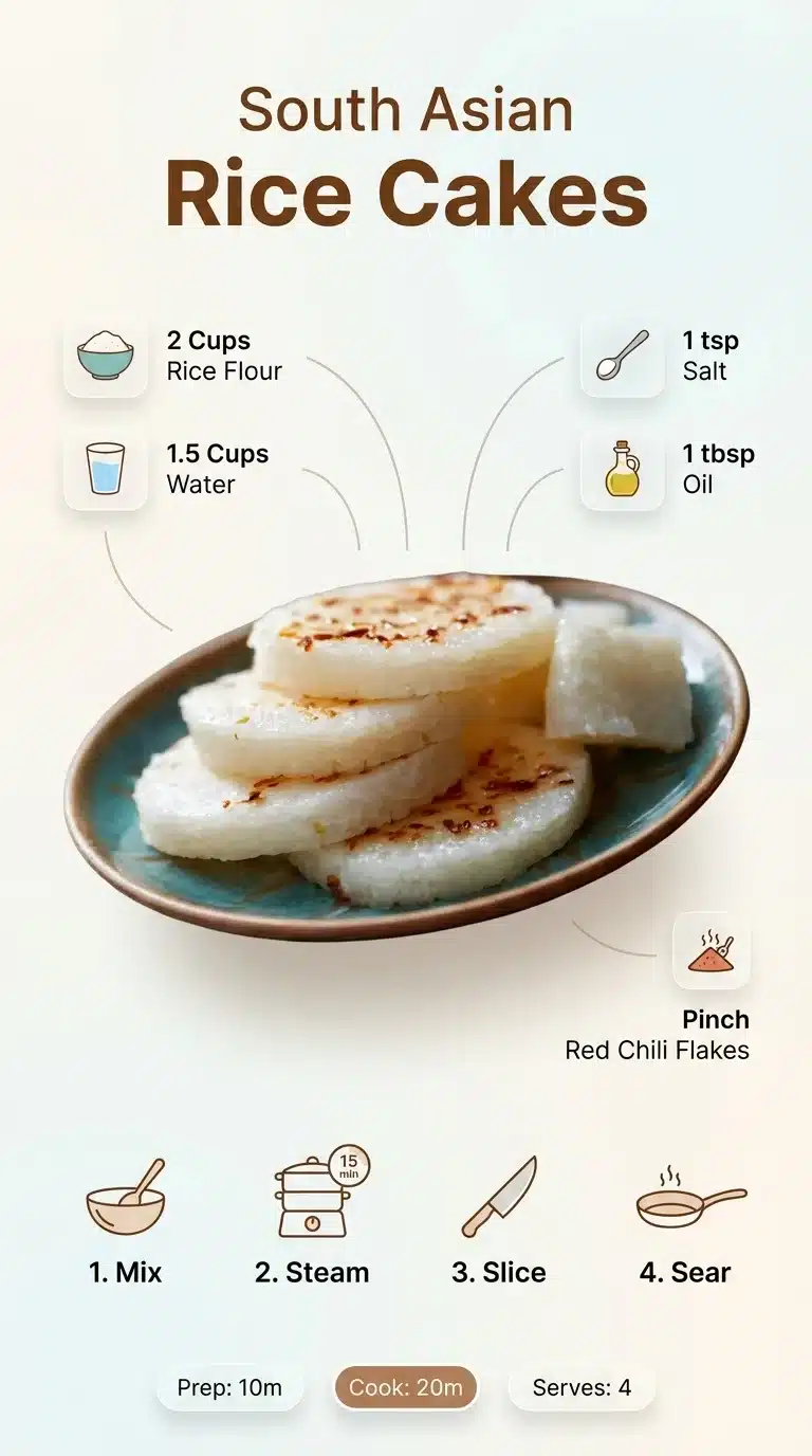 South Asian Rice Cake Modern infographic for South Asian rice cake recipe. Features hero shot of finished dish, clear ingredients, and step-by-step prep.