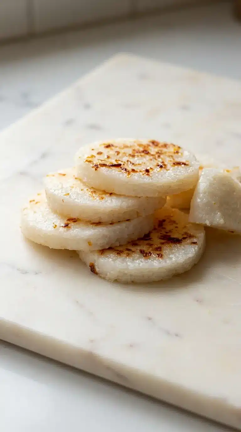 South Asian Rice Cake Photorealistic food photography of naturally plated, freshly cooked South Asian rice cake, finished and ready to serve on marble.