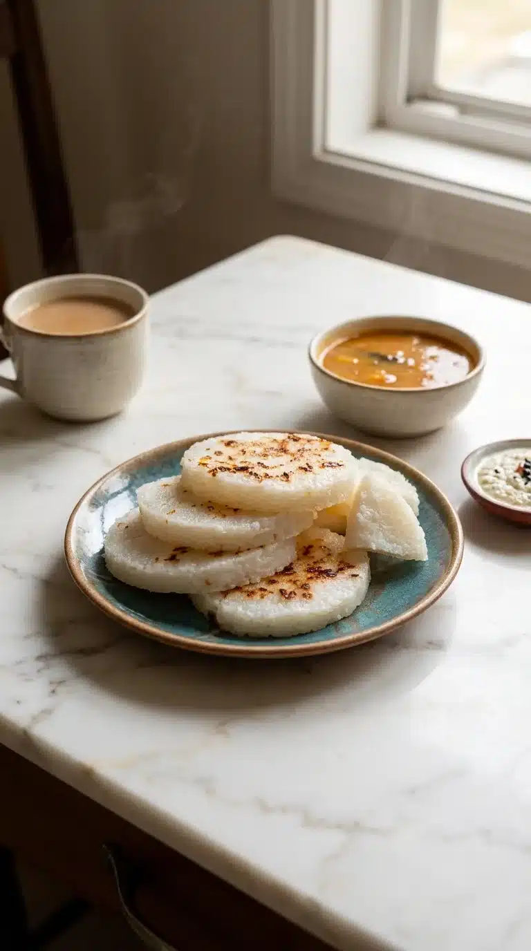 South Asian Rice Cake Photorealistic image of a freshly baked South Asian rice cake, served as part of a comfortable, inviting everyday meal.