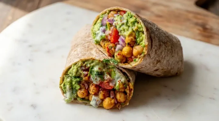 A vibrant, photorealistic Spicy Chickpea and Avocado Wrap, naturally plated on white marble, ready to eat.