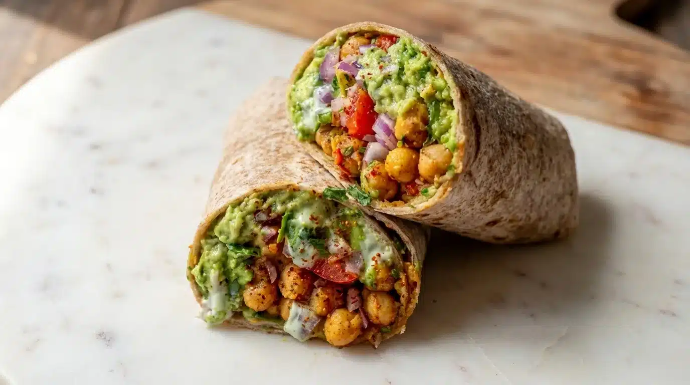 Spicy Chickpea and Avocado Wrap A vibrant, photorealistic Spicy Chickpea and Avocado Wrap, naturally plated on white marble, ready to eat.