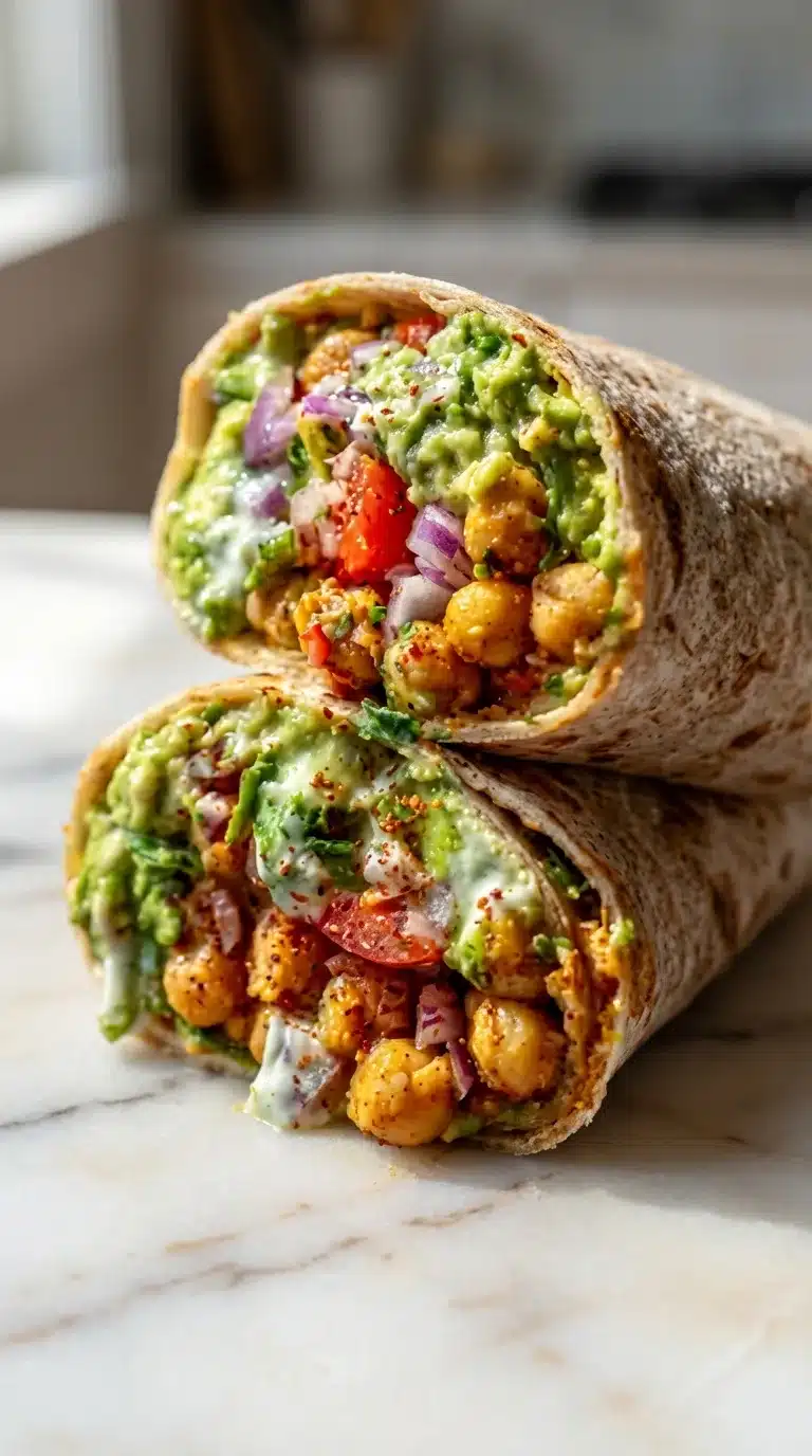 Spicy Chickpea and Avocado Wrap Photorealistic image of a Spicy Chickpea and Avocado Wrap, naturally plated and ready to serve, showcasing fresh ingredients.
