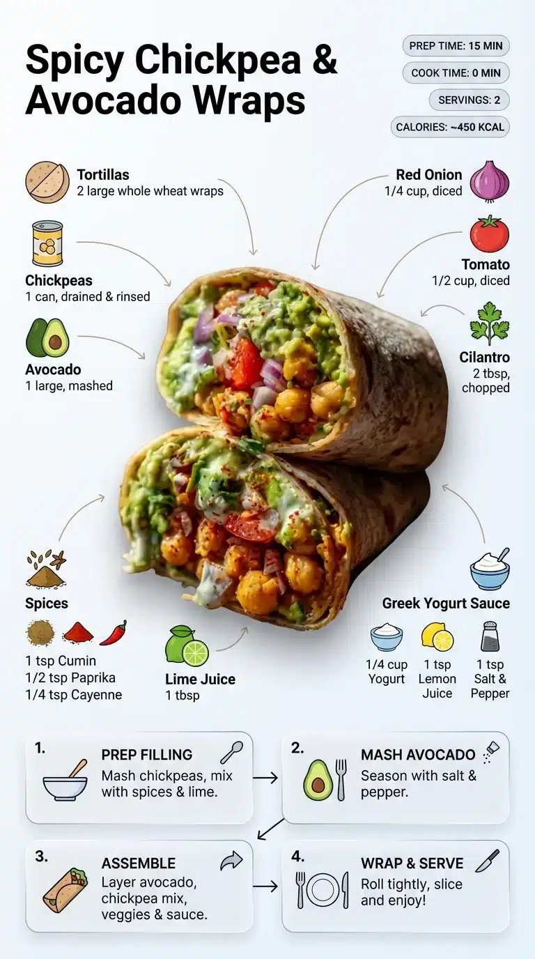 Spicy Chickpea and Avocado Wrap Modern infographic of Spicy Chickpea and Avocado Wrap recipe, featuring finished wrap, ingredients with icons, and step-by-step instructions.