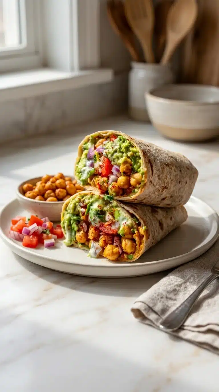 Spicy Chickpea and Avocado Wrap Photorealistic serving of Spicy Chickpea and Avocado Wrap, fresh and ready to eat, presented on white marble with natural daylight.